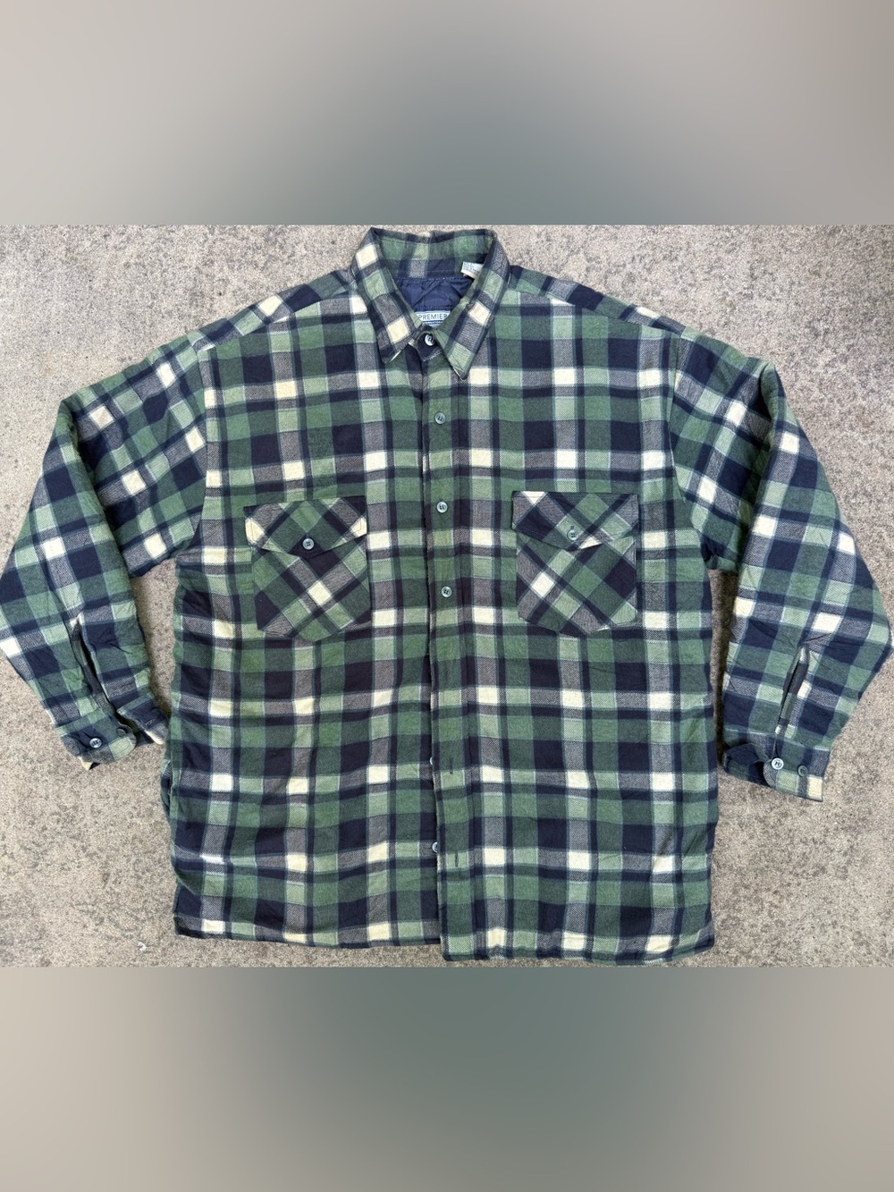 Vintage 90s Men’s Premier International Green/Navy Plaid Quilt-Lined Shirt Sz L